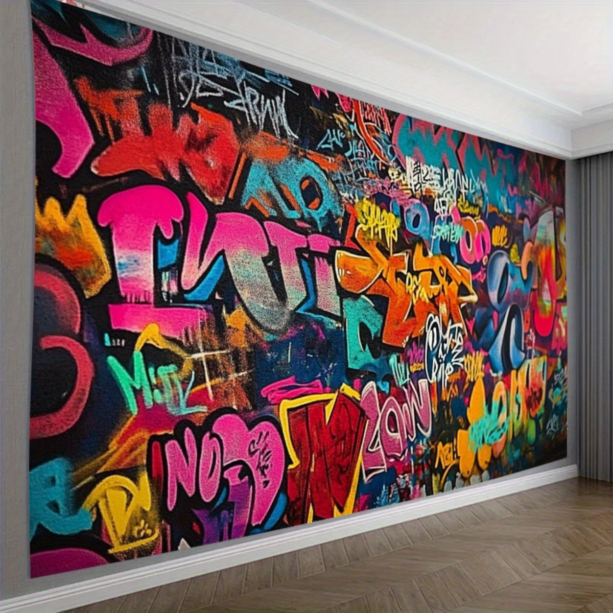 an oversized graffiti party backdrop banner featuring vibrant hip hop     made of durable polyester fabric no electricity required suitable for indoor outdoor birthday parties anniversaries weddings christmas
