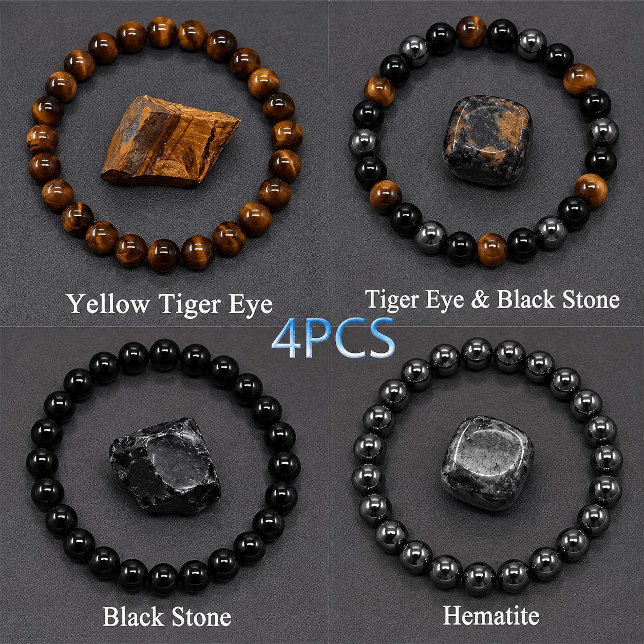 TEMU 4 braccialetti in per , 8 mm Occhio di tigre, ematite e braccialetti elasticizzati con perline in , protezione per prevenire la perdita di ,