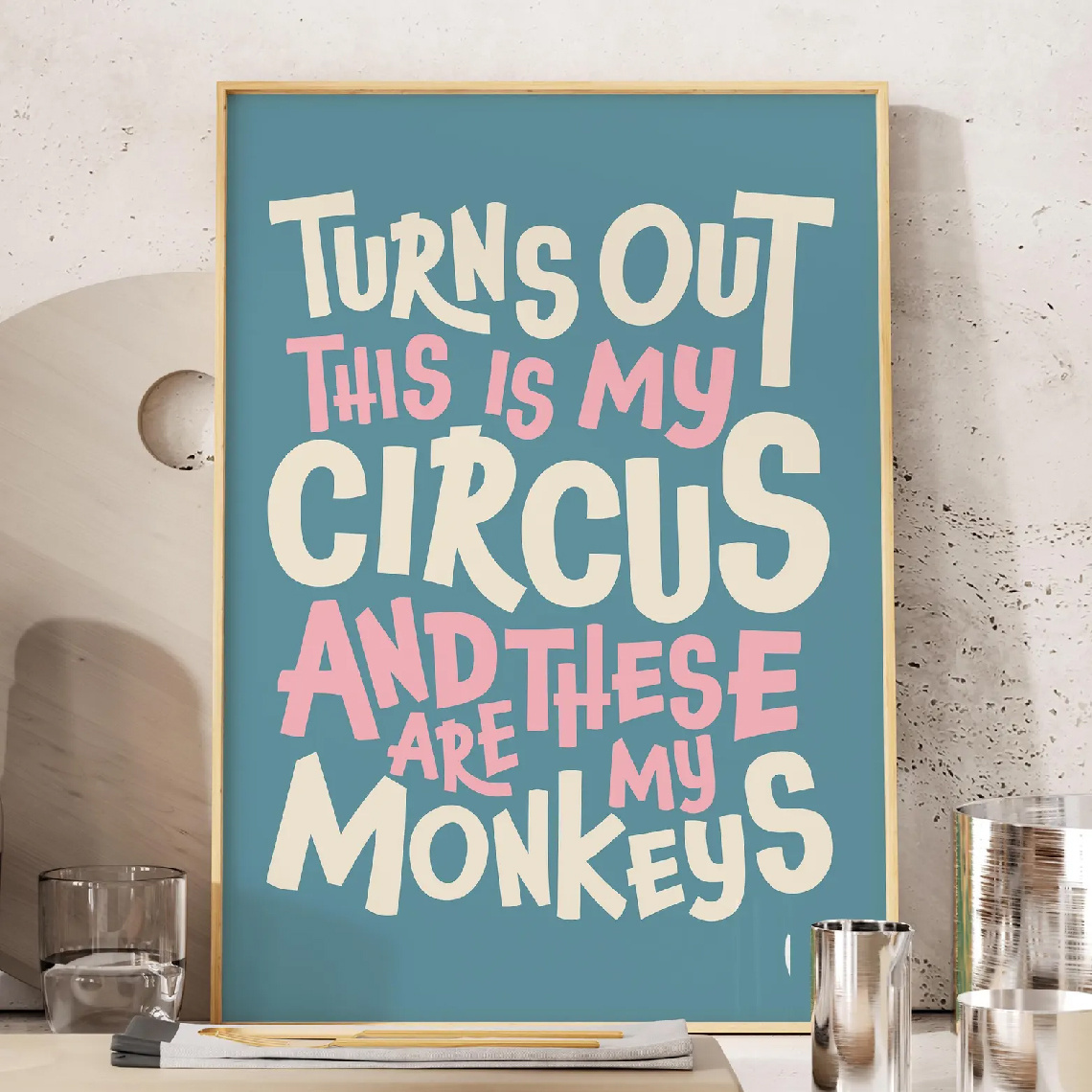 2d Flat, 2d Flat, 1pc Wall Decor, A Retro Poster Featuring ' , Are My Monkeys', A Blue And Pink Minimalist Canvas Artwork, A And Imaginative Wall Aesthetic