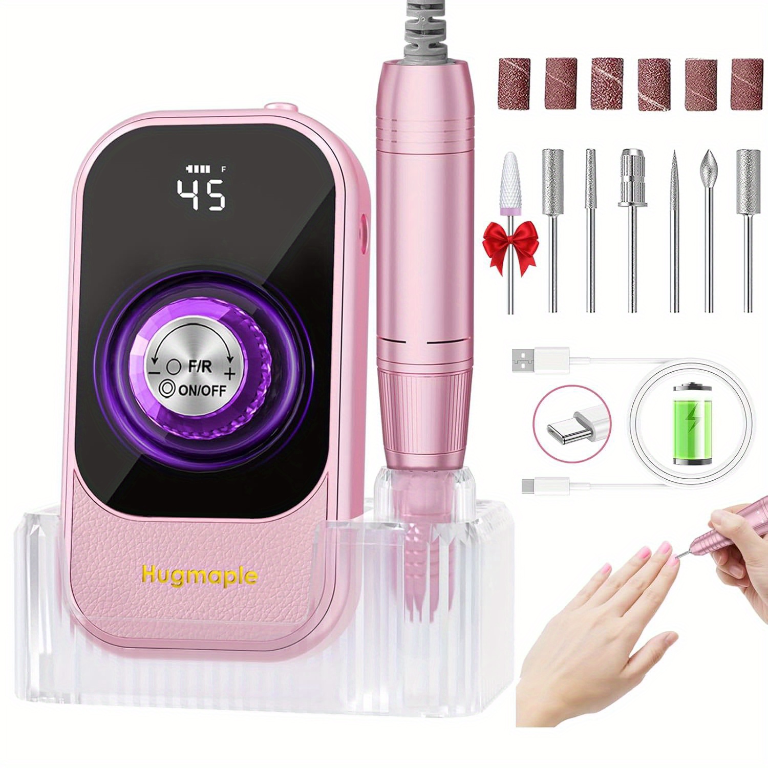 Professional Electric Nail Drill File, 45000rpm Portable Machine With Bits & Base, Cordless Nail Drill Kit For Shaping, Removing & Polishing Gel Nails For Salon Home