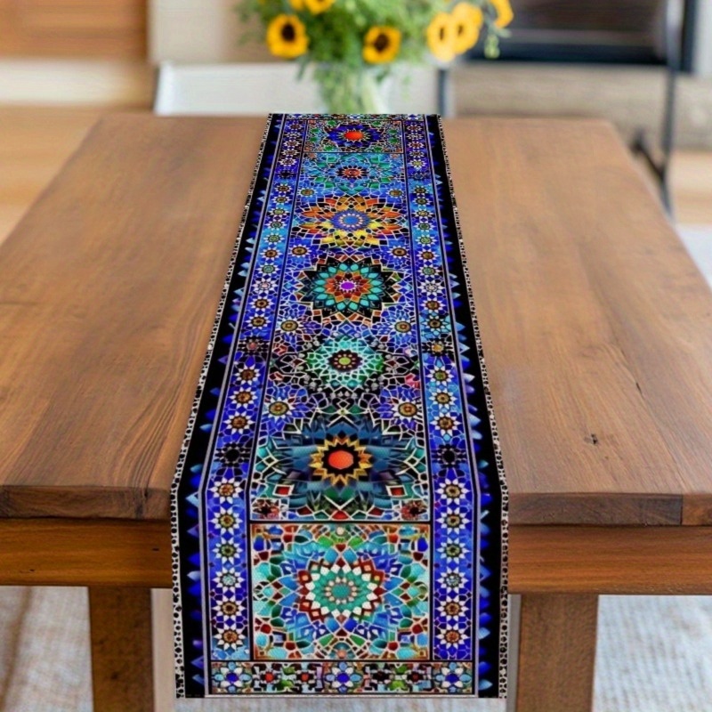 TEMU 1pc Moroccan Style Glass Table Runner - , Green, Orange And White Geometric Pattern, Polyester Fiber, Ideal For Restaurant, Kitchen, Office Or