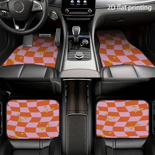 4pcs car floor mats orange and pink checkered pattern universal car mats made of automotive decorative additions suitable for front and rear seat interior additions car interior components use easy to clean