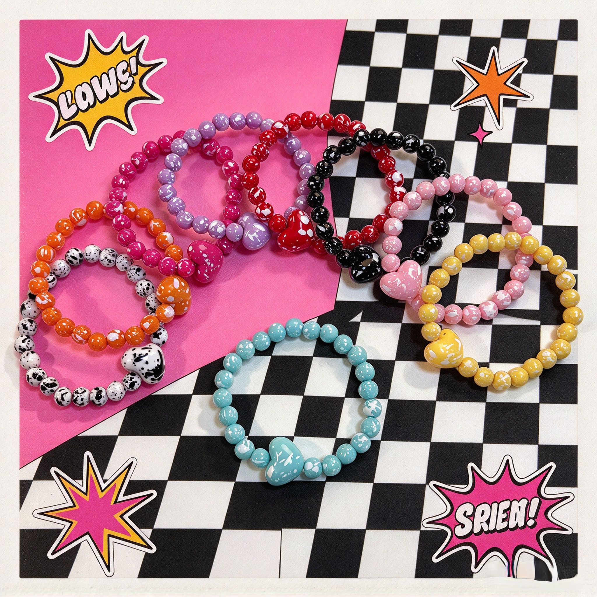 9pcs Creative Ink Splatter Heart Bead Bracelet Set