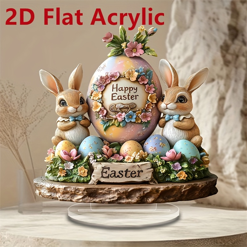 

2d Flat, 1pc Easter Bunny Acrylic Table Decoration - Rabbit Desk Sign With Eggs And Floral Accents, "" , Ideal For Home, Office, Cafe, Or Garden Decor, Bunny Accessories