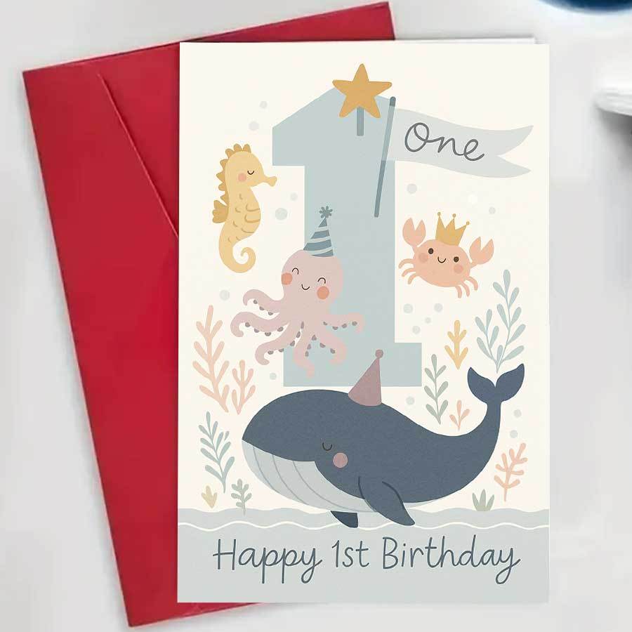 TEMU 1pc Cute Ocean Animal First Birthday Card, Suitable For Celebrations, Milestone Parties And Gift Giving