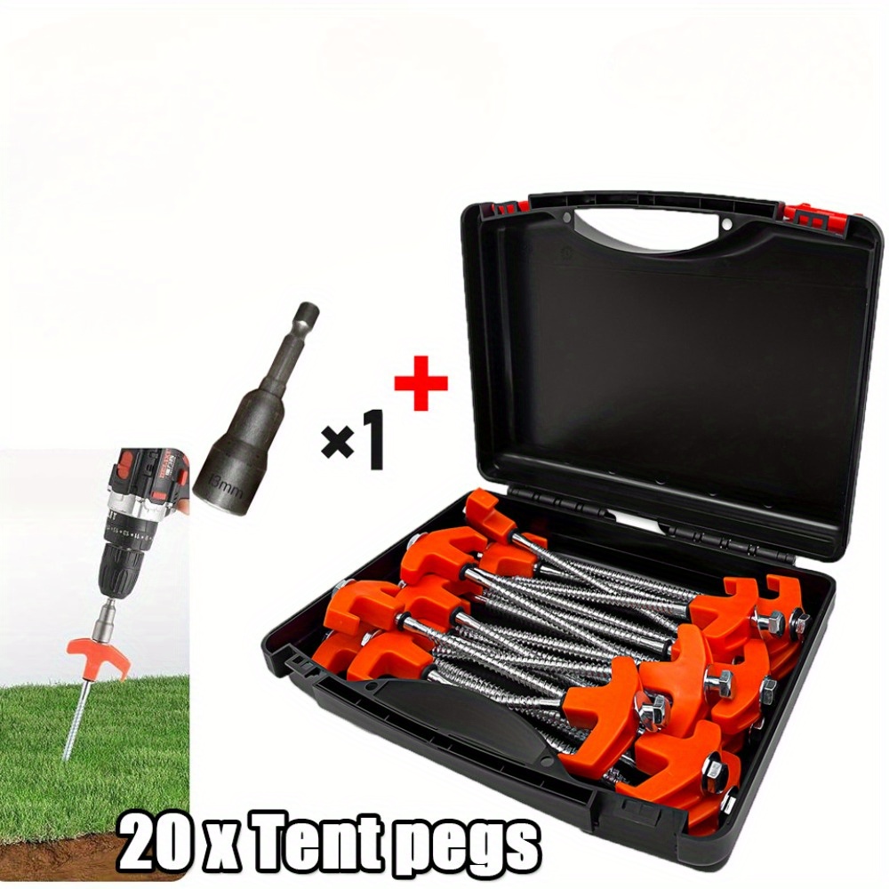 

11pcs Heavy-duty Screw-in Tent & Awning Pegs Set - Easy-install, No-hammer Ground Stakes For Outdoor Camping, Steel, , Includes Storage Case