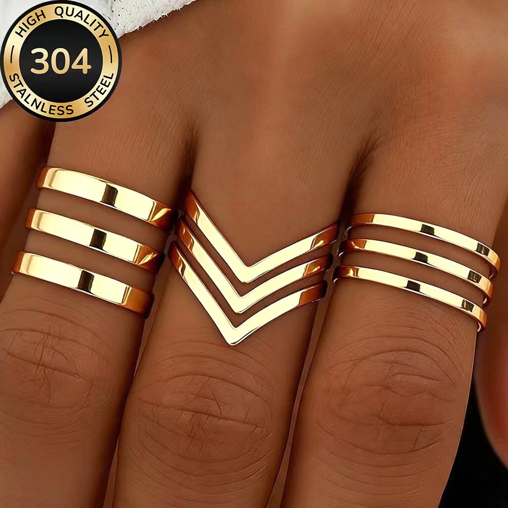 TEMU 3pcs High-quality 304 Stainless Steel Hypoallergenic Golden Set, Polished, Kc, Anti-tarnish, Simple And Elegant, Fashionable Women's Rings