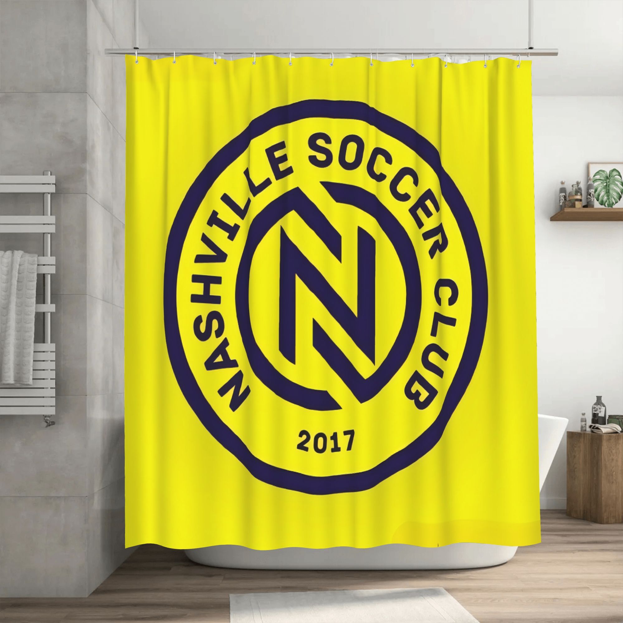   logo printed shower curtain vibrant yellow with black blue accents machine washable polyester fabric   bathroom decor accessory   material shower curtain for bathrooms sports theme decor   fabric