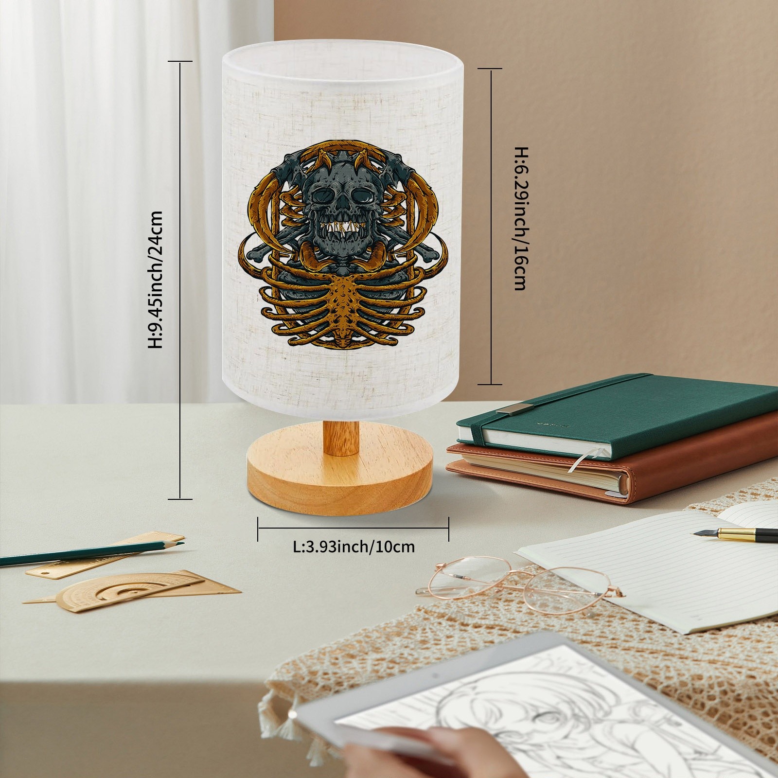 Gothic Macabre Skull Skeleton Pattern Wooden Table Lamp, Decorative Light