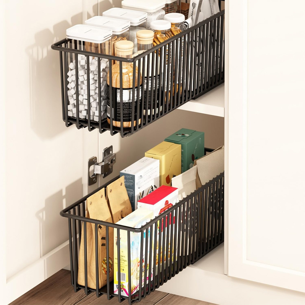 Image of 2pcs Pull-out Rack Pull-out Cabinet Organizer Quiet Smooth Sliding Rail Sliding Basket Bottom Sink Storage Rack Kitchen Bathroom Living Room Black