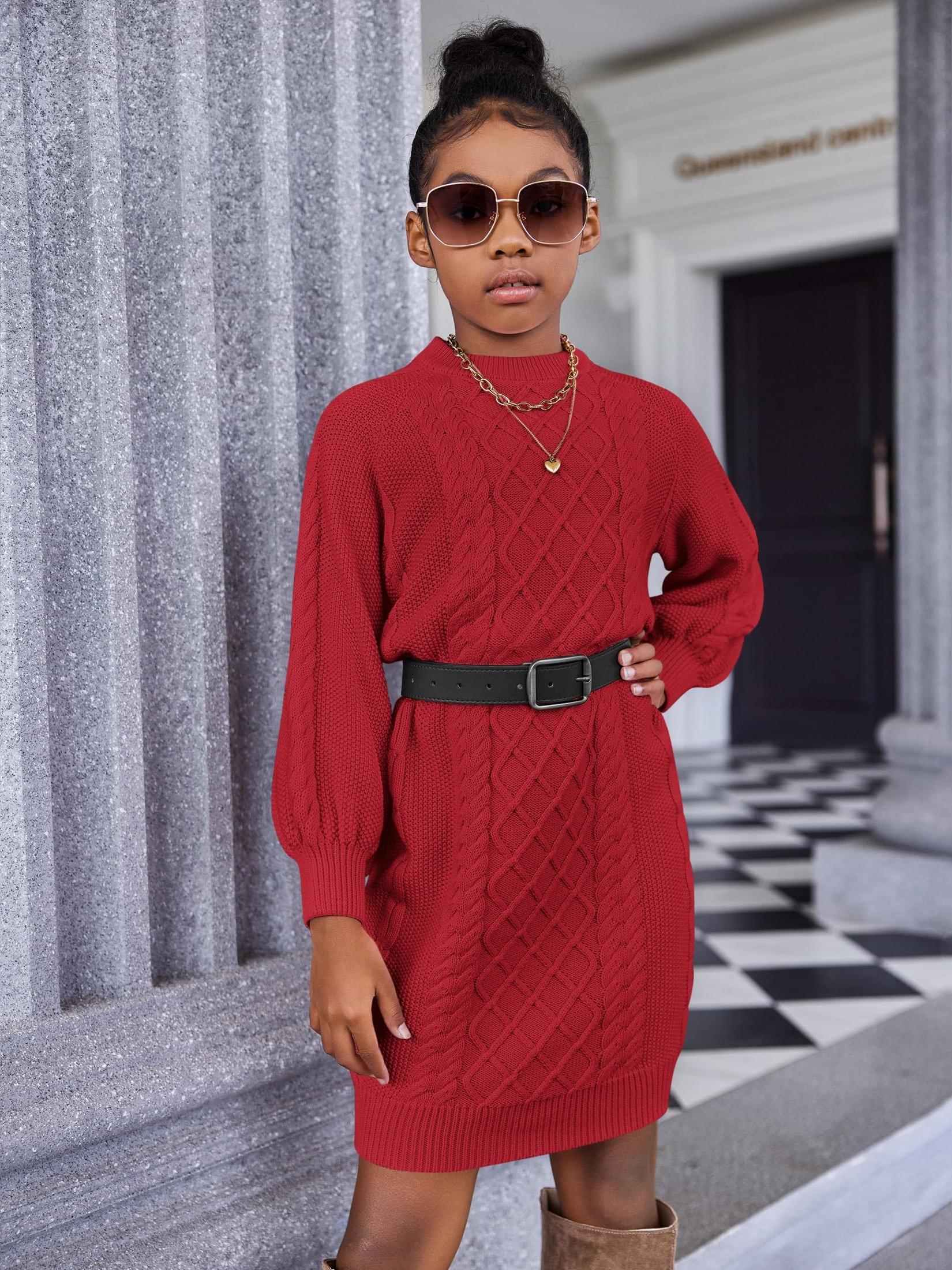 girls sweater dress puff long sleeve casual cable knit - Temu