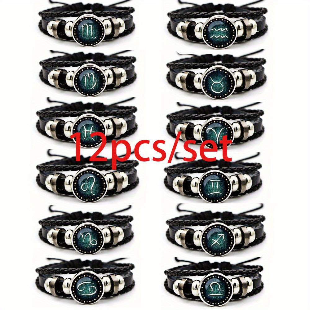 TEMU A 12pcs -the-dark Zodiac Bracelet Set, Featuring Synthetic Gemstones, Black Faux Leather, And White K -plated Beads. This Zodiac Charm Bracelet