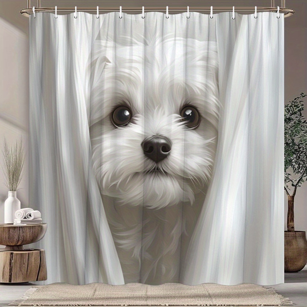 TEMU Rideau de douche plat 2D, [Impression plate 2D] 1pc Chiot Rideau transparent Chien Blanc Yeux expressifs Portrait de compagnie minimaliste