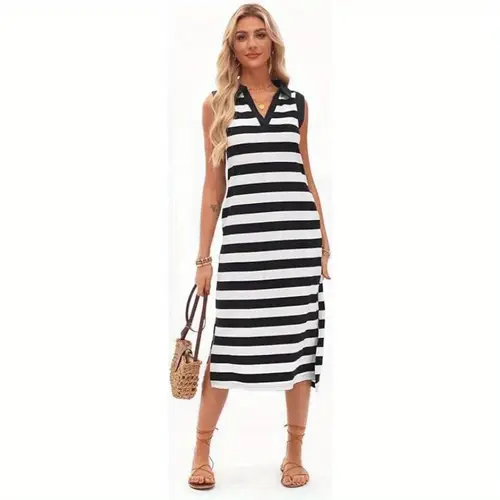 womens summer maxi dress 2025 sleeveless v neck casual loose striped sundress with pockets black xl