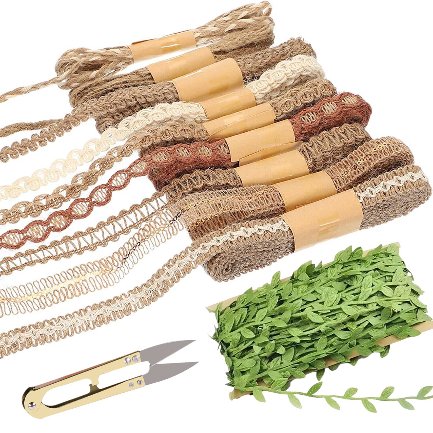 TEMU 10 Rolls Lace Ribbons And Leaf Ribbon With Scissors, Burlap Ribbons For Diy Craft Party Wedding Home Decoration