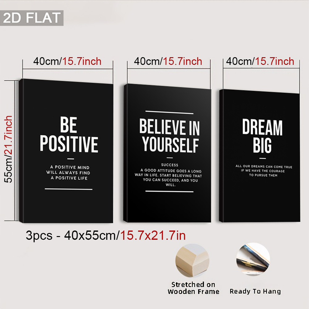 TEMU 2d Flat, 2d Flat, Set Of 3 Framed Canvas Artworks Featuring Motivational Quotes, Mindset. Self- Art Prints Serve As Chic Wall Decorations For