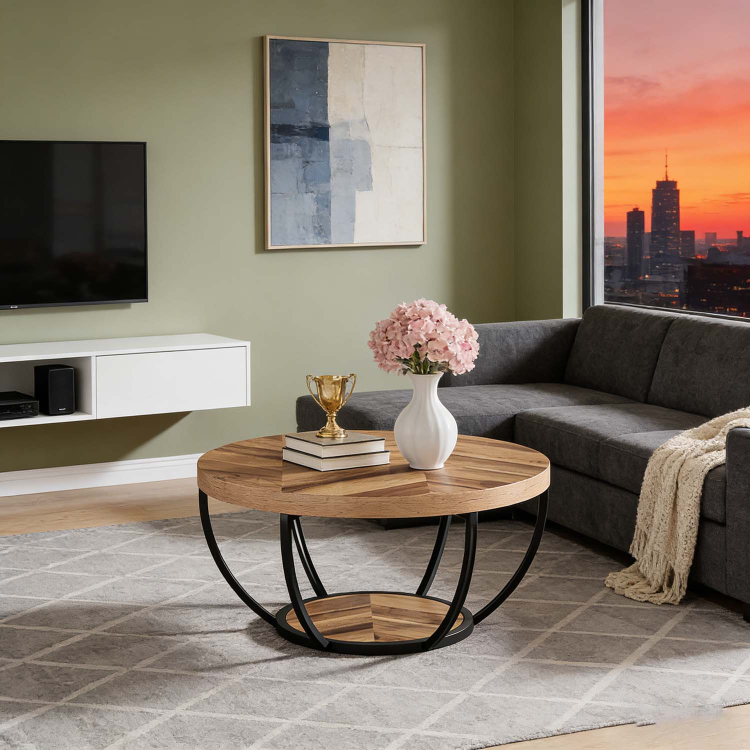 Image of Modern Industrial Round Coffee Table With 2-tier Storage Shelves - Space- & Wood Suitable For Living Room, Round Top Table For Sofa Centerpiece Or Side Table, For Contemporary Decor