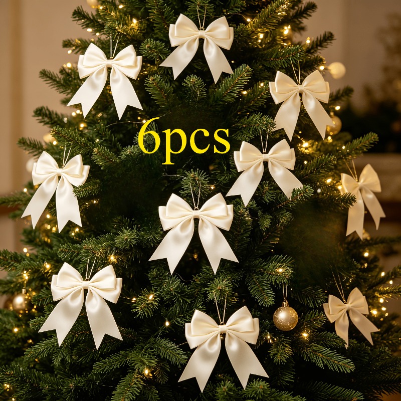 TEMU Lot de 6 nœuds en satin blanc pour décorations de sapin de Noël, nœuds , parfaits pour la décoration de Noël, les boîtes cadeaux et de bouquets,