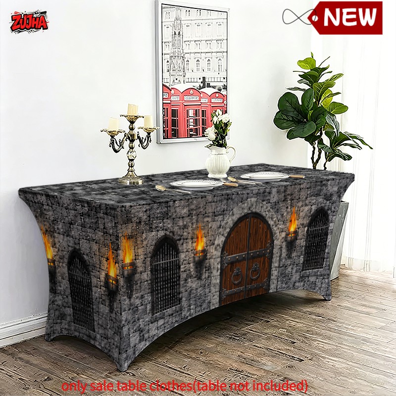 TEMU 1pc Elastic Full Wrap Rectangular Table Cover, Medieval Castle Fitted Tablecloth With Stone Wall And Torch Print, Spooky Decor For Halloween