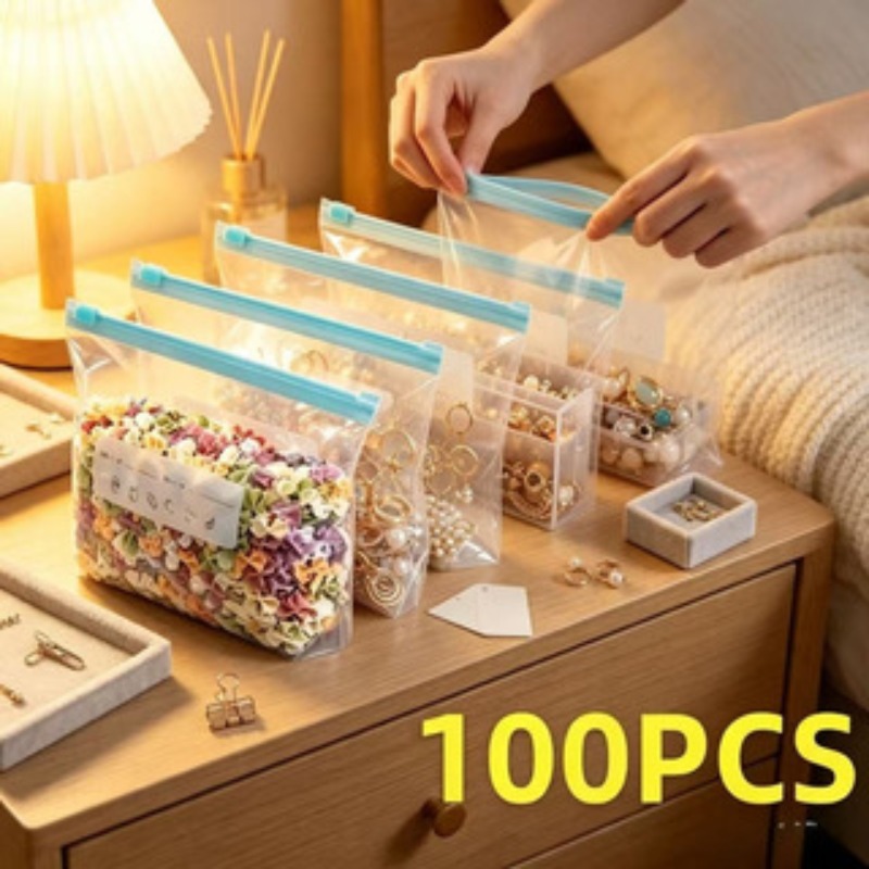 100 Storage Bags In 3 Assorted Sizes, Slider Zipper Sealing Pouches. Perfect For Organizing Small Items, Jewelry, Accessories, Travel Sundries, Stationery. Great For Bedroom, Travel & Daily Storage.