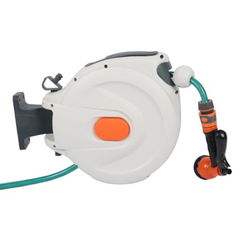 retractable garden hose reel 32 8ft wall mount water hose reel with spray nozzle any length lock slow   180 swivel bracket hose reel for garden watering