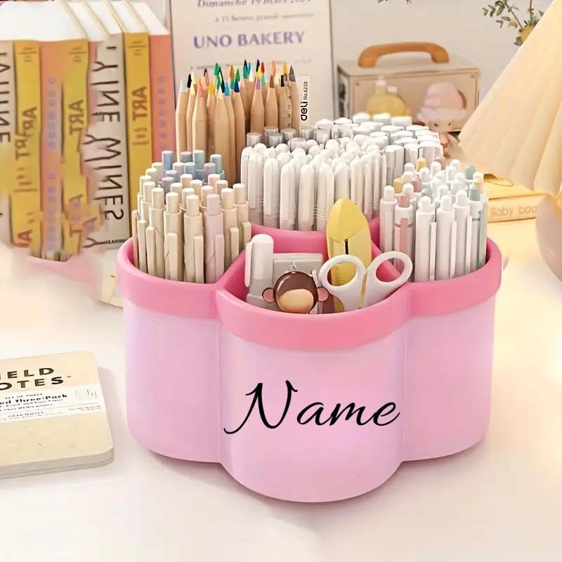 TEMU Personalized Name Rotating Desktop Organizer - Multi-compartment Storage Box, Customizable For Stationery, Makeup Brushes & Lipsticks - Durable