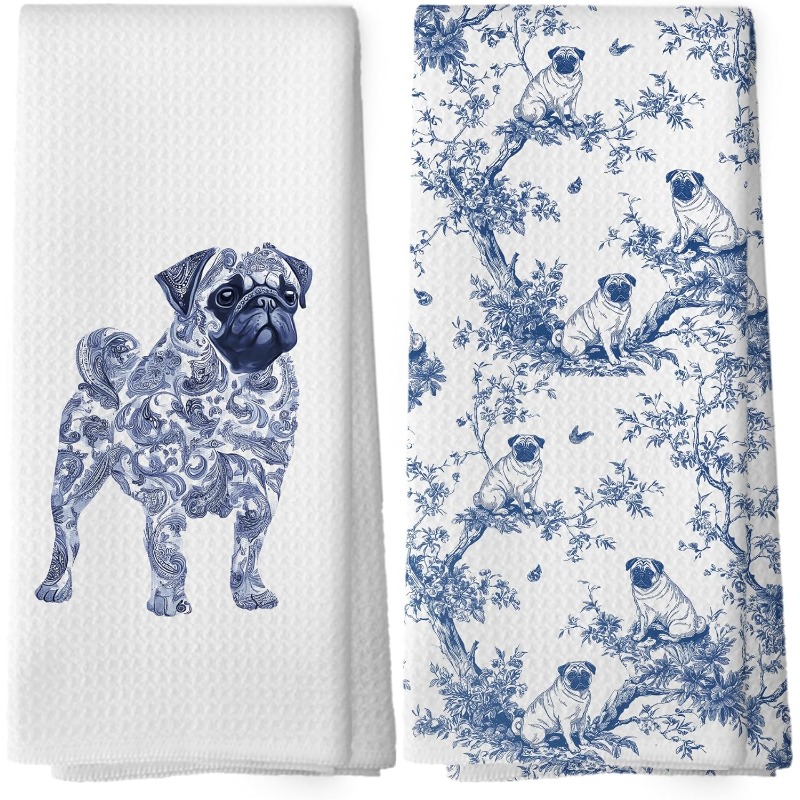 TEMU 2/4pcs Chinese Style Pug Kitchen Dish Towels Cleaning Cloths, Unisex Gift For Pug Lovers, Blue And White Floral Dog Kitchen Tea Towel Decoration