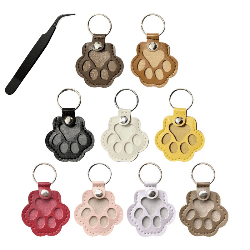Image of 10pcs Set: 9 Cat Paw Keychains + 1 Tweezer, Pet Hair Collection Keychain, Leather Cat Paw Pendant, Designed For Collecting Cat And Dog Hair, Pet Memorial Gift, Suitable For Bags And Wallets
