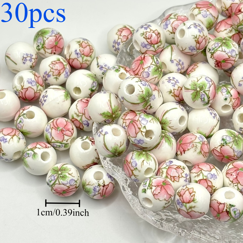 E-shop 30 Stück farbige Deko-Perlen, florale Keramikperlen, großes Loch – chinesisch bedruckte Keramik-Bastelperlen. Geeignet für Schmuckherstellung,