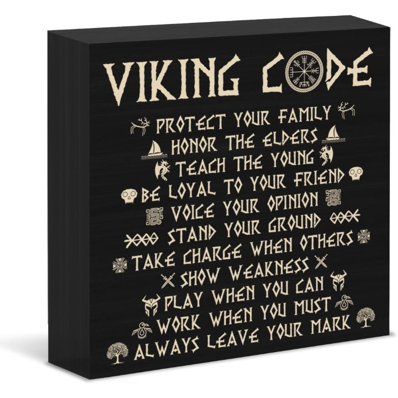 TEMU 2d Flat, 2d Flat Viking Code Motivational Wood Decorative Ornament - Nordic Style Viking Wall Art/desktop Dual-use, Hardcore Viking Ethics Such