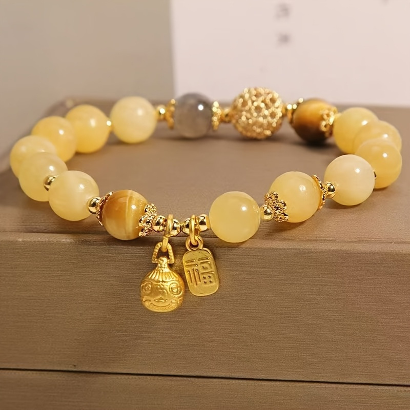 Elegant Yellow Crystal Bead Bracelet with Golden Charm- Bohemian Style, Natural Stone, Perfect for Casual Wear and Gifts