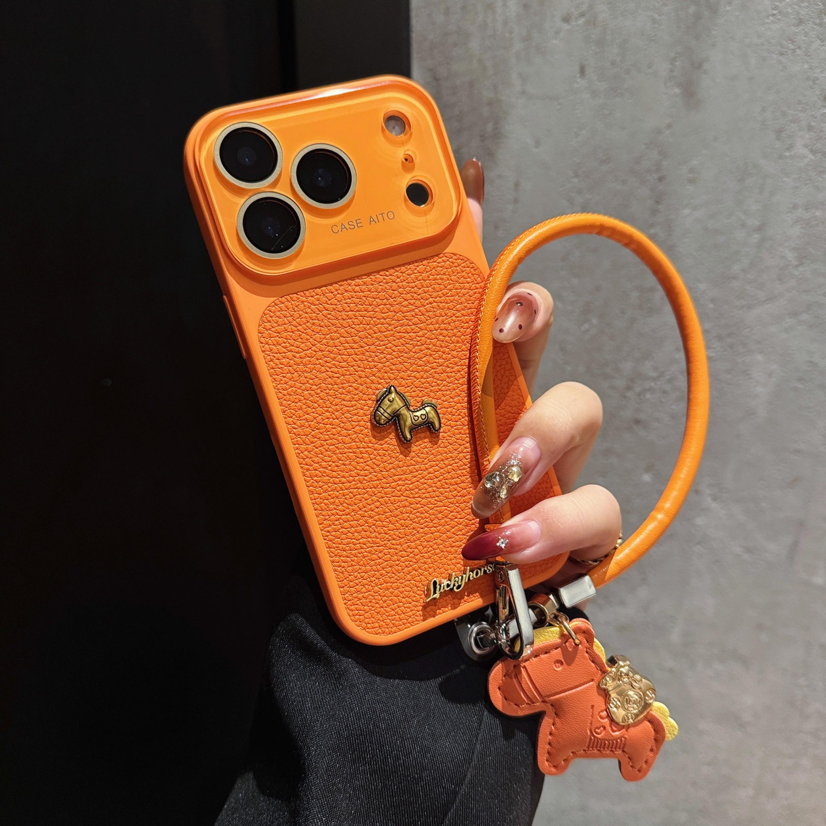 TEMU Phone Case: Instant Lens Change Six-color Lychee Pattern Metal Pony Chain Compatible With 17 Pro Max Phone Case Iphone 14 New 15 Pro Protective
