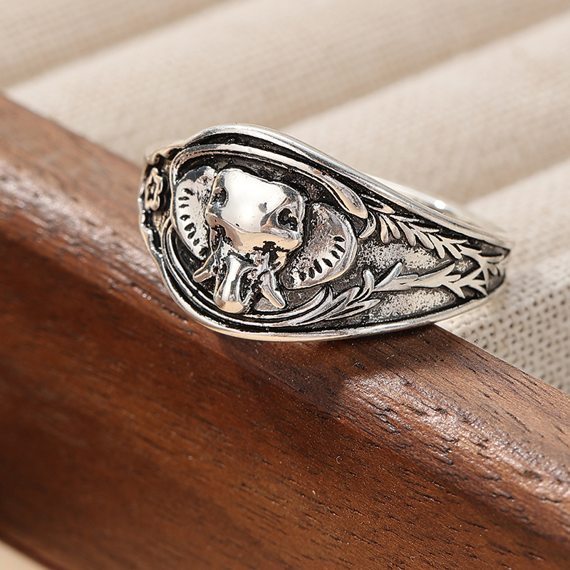 Elephant Head Carved Ring with Leaf Patterns, Totemic Charm