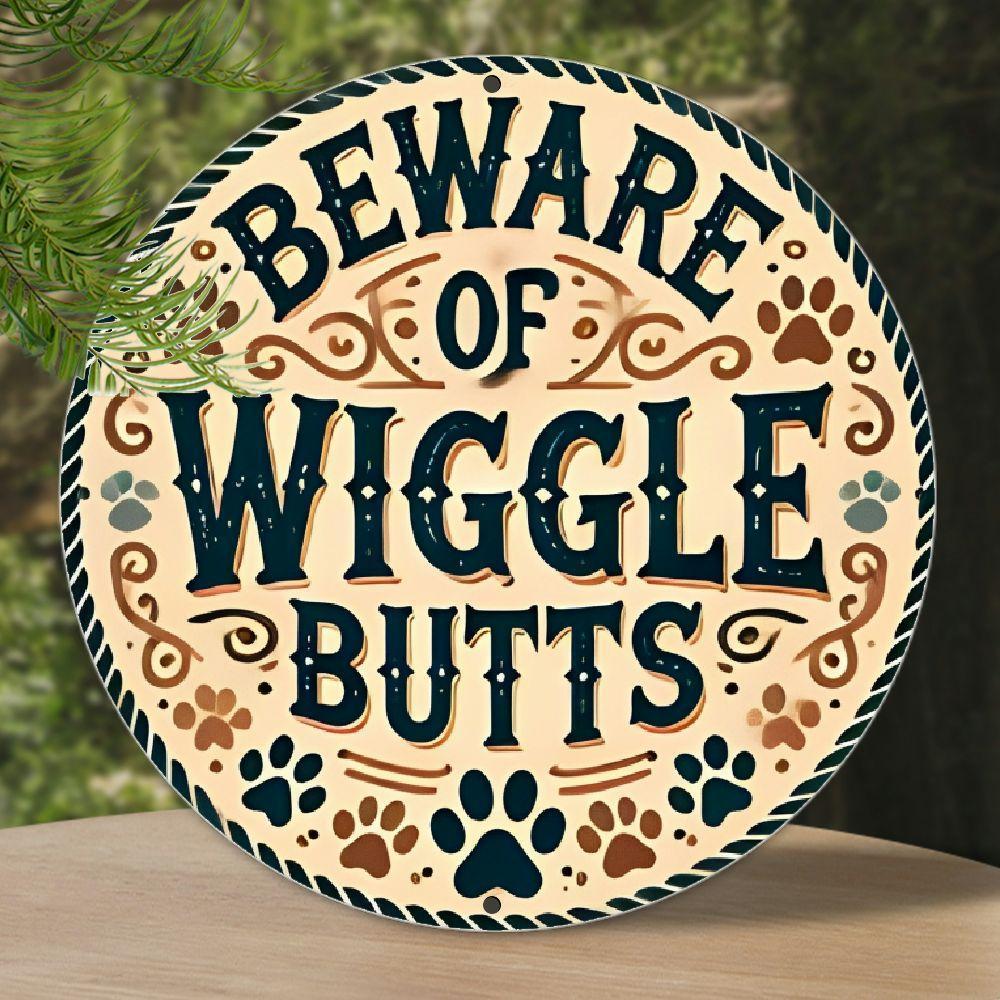 TEMU Beware Of Wiggle Butts" Vintage Metal Sign - 8x8 Inch Round Wall Art With Dog & | , Durable Aluminum Decor For Home, Bar, Cafe & Garage | Pet