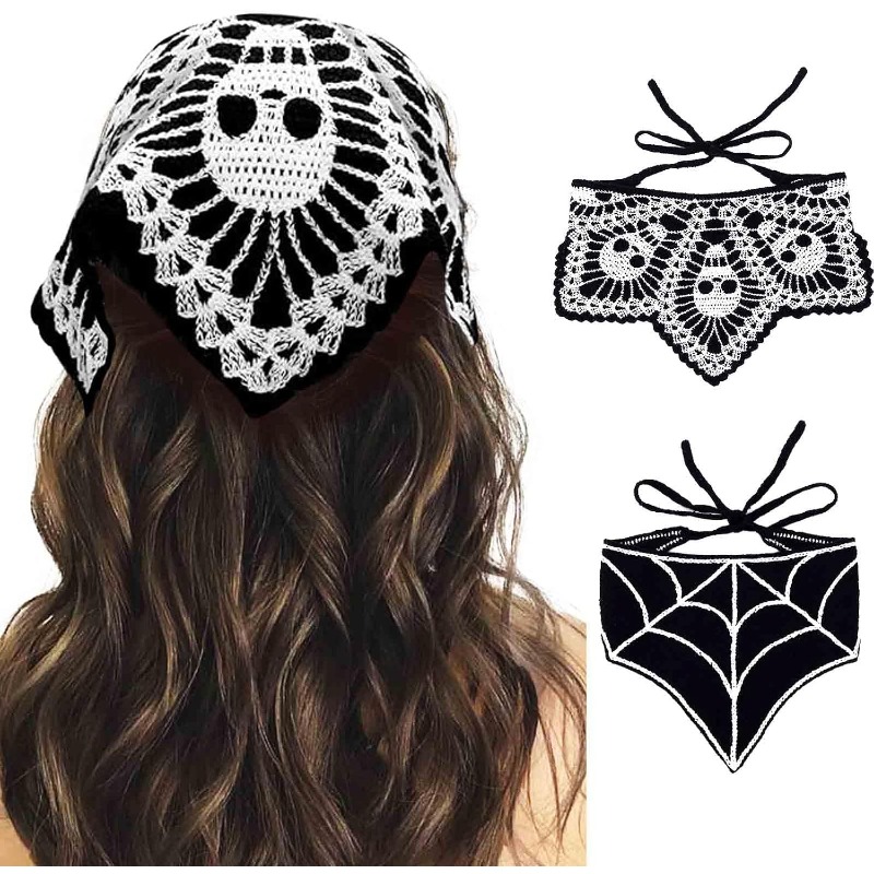 TEMU 2-pack Black Crochet Bandana Headbands, Gothic Web Pattern Stretchy Head Wrap, Soft Breathable Women's Hair Additions, Headscarf For Halloween