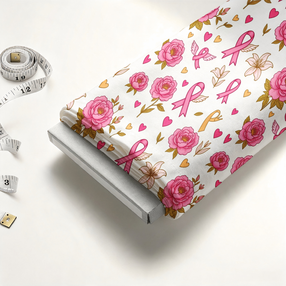 TEMU 1 pièce, Imprimé rose florale rose et ruban de sensibilisation au du sein sur fond blanc, Tissu 100 % polyester, Couture de matelassage et