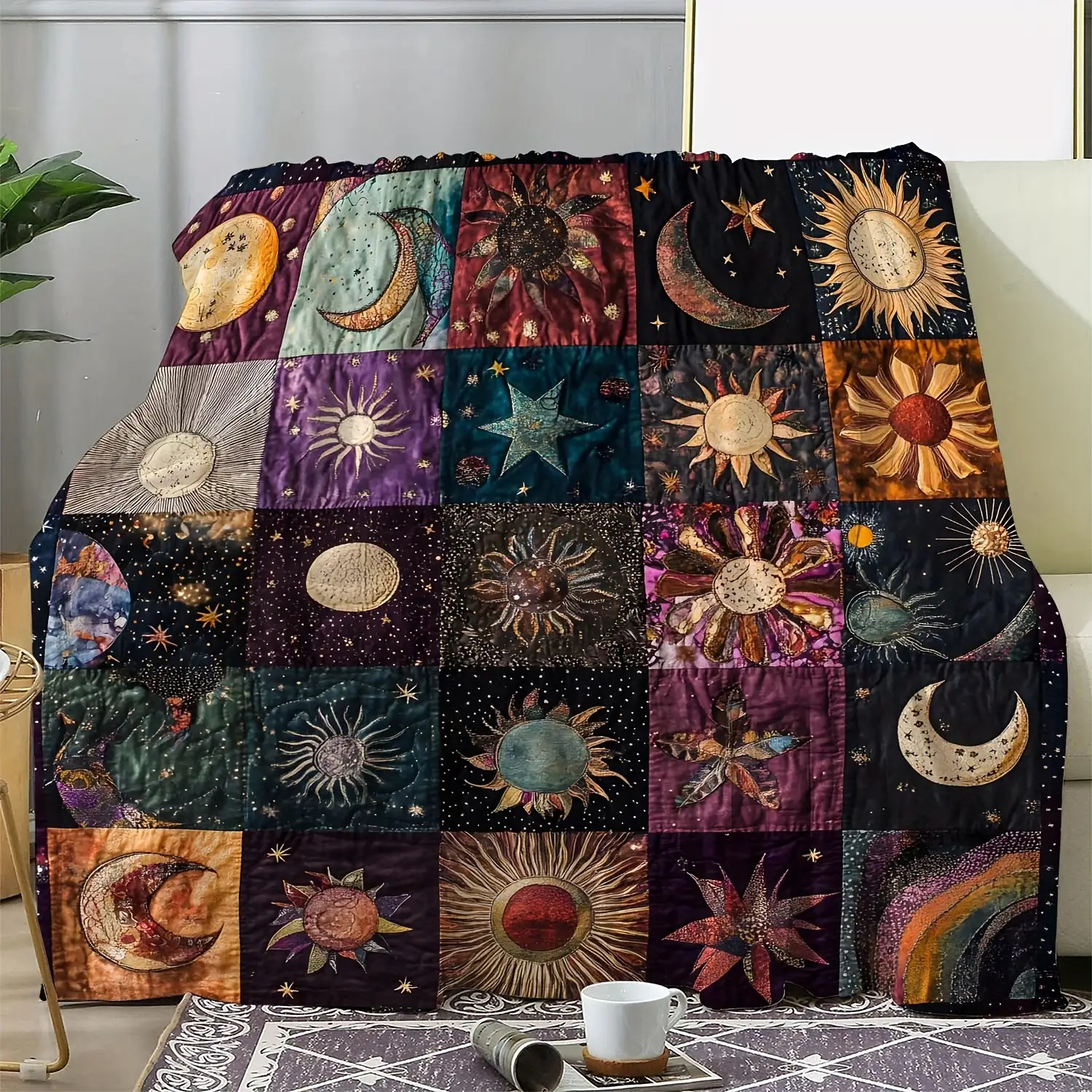 TEMU 2d Flatbohemian Moon And Blanket- Featuring Geometric And Planet Patterns, Soft Flannel For , Ideal For Camping, Travel, And Home Decoration-