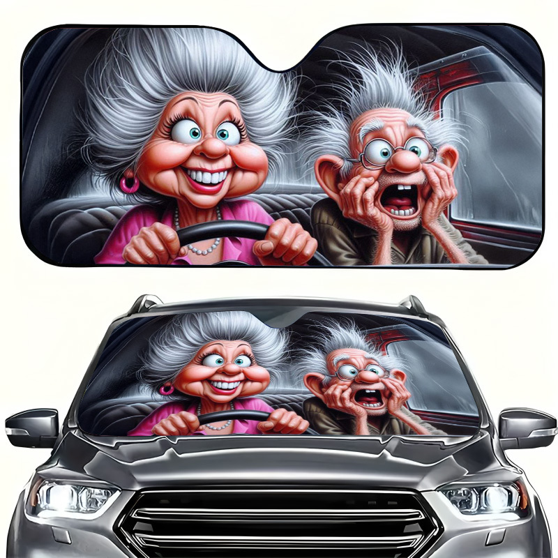 TEMU 1pc Elderly Couple Image Car Sun Visor, Foldable Storage, Sun Protection To Keep The Car Cool, Suction Cup Convenient And , Suitable For