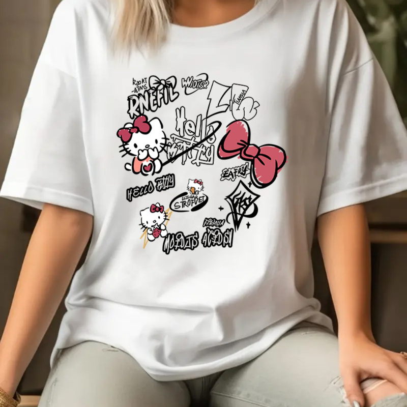 

Sanrio Hello Kitty & Friends Graphic Tee For Women - Casual Crew Neck, Short Sleeve, Stretchy Polyester , Machine Washable, White With Cartoon Print, Casual Wear|crew Neck Top| Fabric