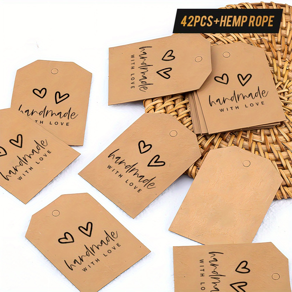 Image of 42pcs High-grade Paper Gift Tags (including Decorative Hemp Rope), "" With Hand-drawn Hearts Theme Design, Used For Gift Decoration, Suitable For Handmade Crafts To Convey Warm Love