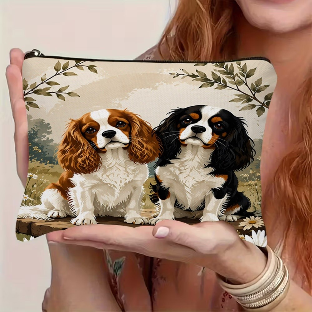 TEMU Sweet King Charles Spaniel Illustration Makeup Bag, 2d With Zipper, Soft Texture + Extra Large Capacity, For Travel/commute//dorm Life, Bestie