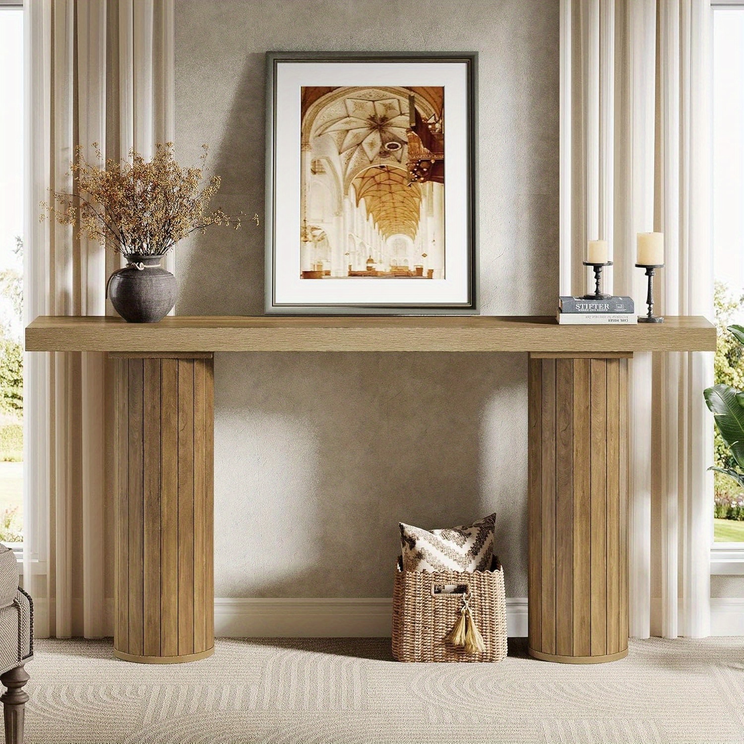 63-Inch Extended Farmhouse Console Table, Rectangular Wooden Foyer Sofa Table for Placement Behind The Couch, Wooden Entry Table for Living Room, Hallway, And Entrance