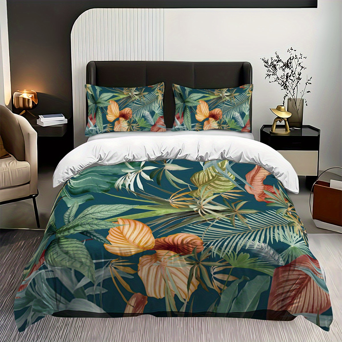 TEMU 3pcs Large Palm Leaf Spring/summer Pattern Duvet Cover Bedding, Available In 4 Sizes (twin, Full, Queen, King) - (1 Duvet Cover + 2 Pillowcases,