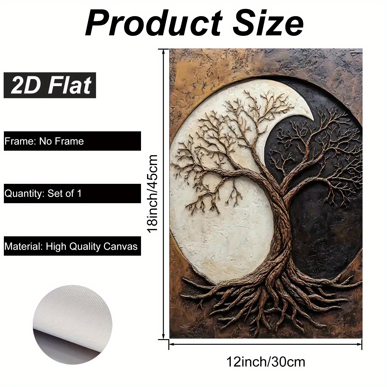 TEMU 2d Flat, 2d Flat, Unframed Canvas Wall Art Measuring 30.48x45.72 Cm, Featuring A Modern Abstract Painting Of The Tree Of Life. This Black And