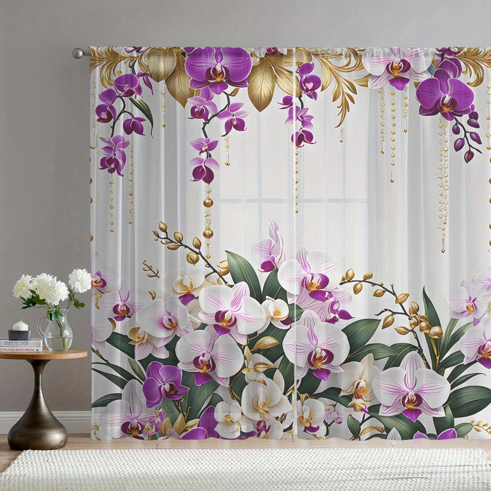 TEMU 2pcs Elegant Printed Tulle Curtains| Purple And White Orchids With Golden Accents, Polyester Material, Semi-transparent, Machine Washable, Very