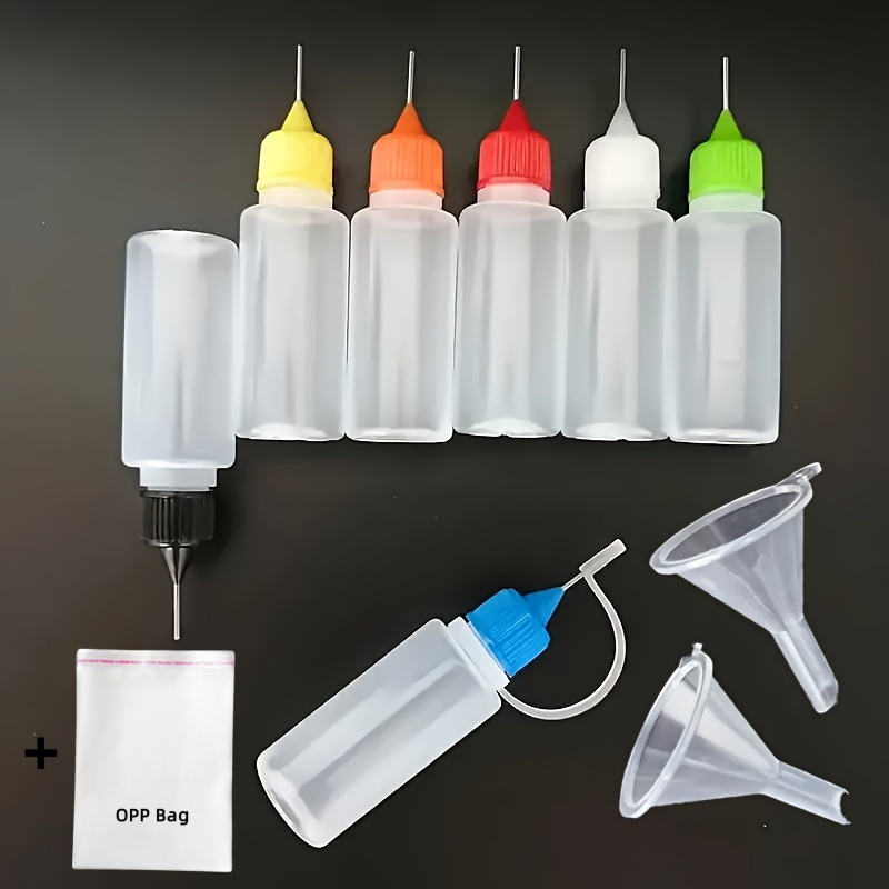 TEMU 8pcs Precision Tip Applicator Bottles+1pc Opp Bag, 0.34oz Needle Tip Glue Containers With 6 Random Colors, Includes 2 Mini Funnels For Crafts,