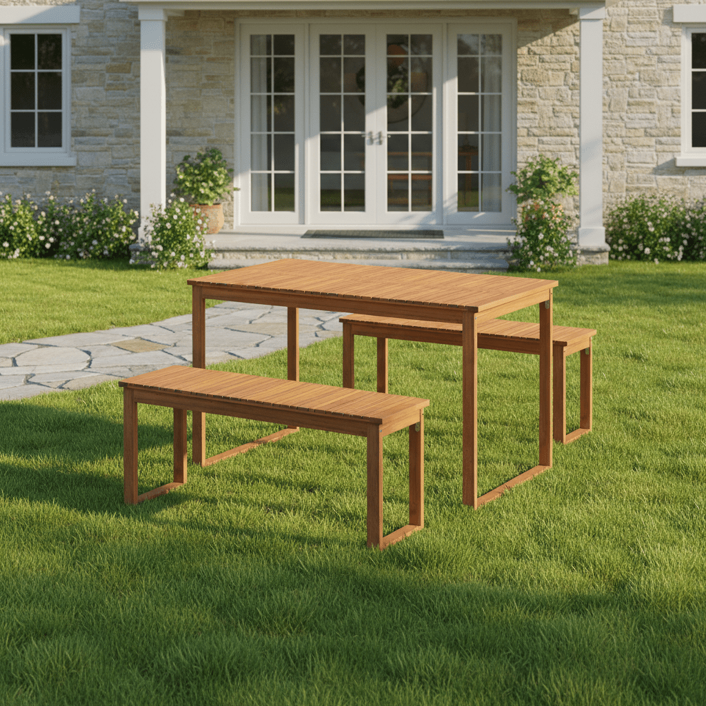3pcs Patio Dining Set, Acacia Wood Rectangular Picnic Beer Table with 2 Benches for 4 People, Outdoor Dining Furniture Set for Backyard, Garden and Poolside