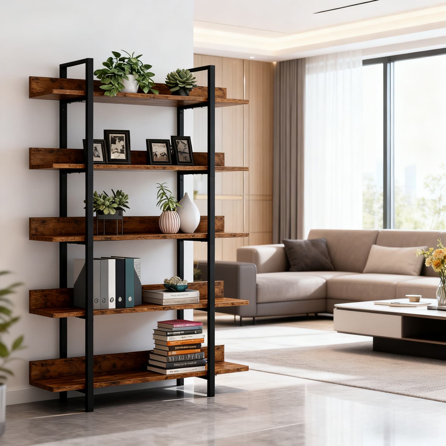 5-tier Industrial Bookshelf Bookcase, Free-standing Storage Rack With Metal Frame, Stable Organizer For Home, Living Room, Bedroom, Office, Kitchen And Bathroom, Rustic Brown And Black