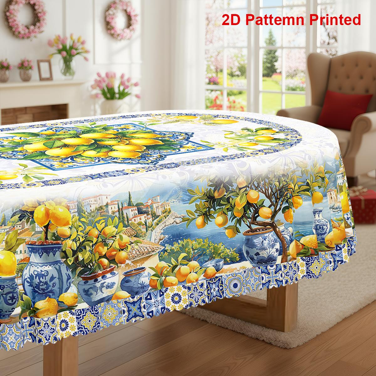 TEMU 1 nappe de fête sur le thème du citron, style patchwork méditerranéen printemps-été, motif imprimé, nappe rectangulaire/ronde/ovale, bord ,