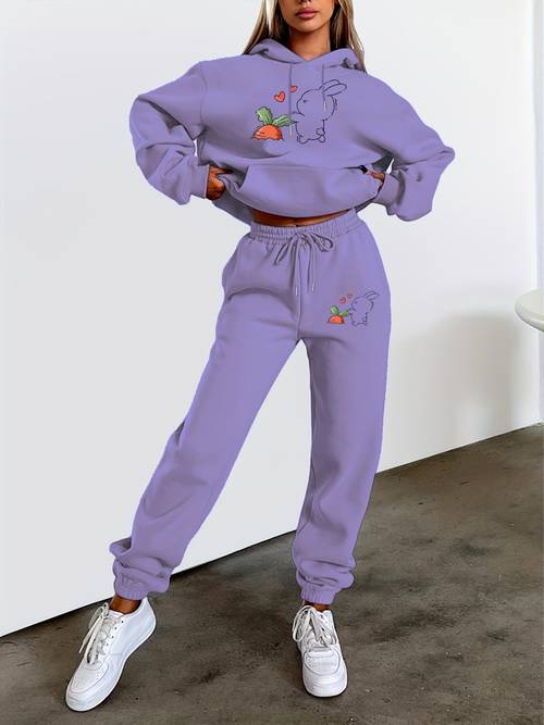 chic print womens hoodie and joggers set with kangaroo pocket casual sportswear machine washable